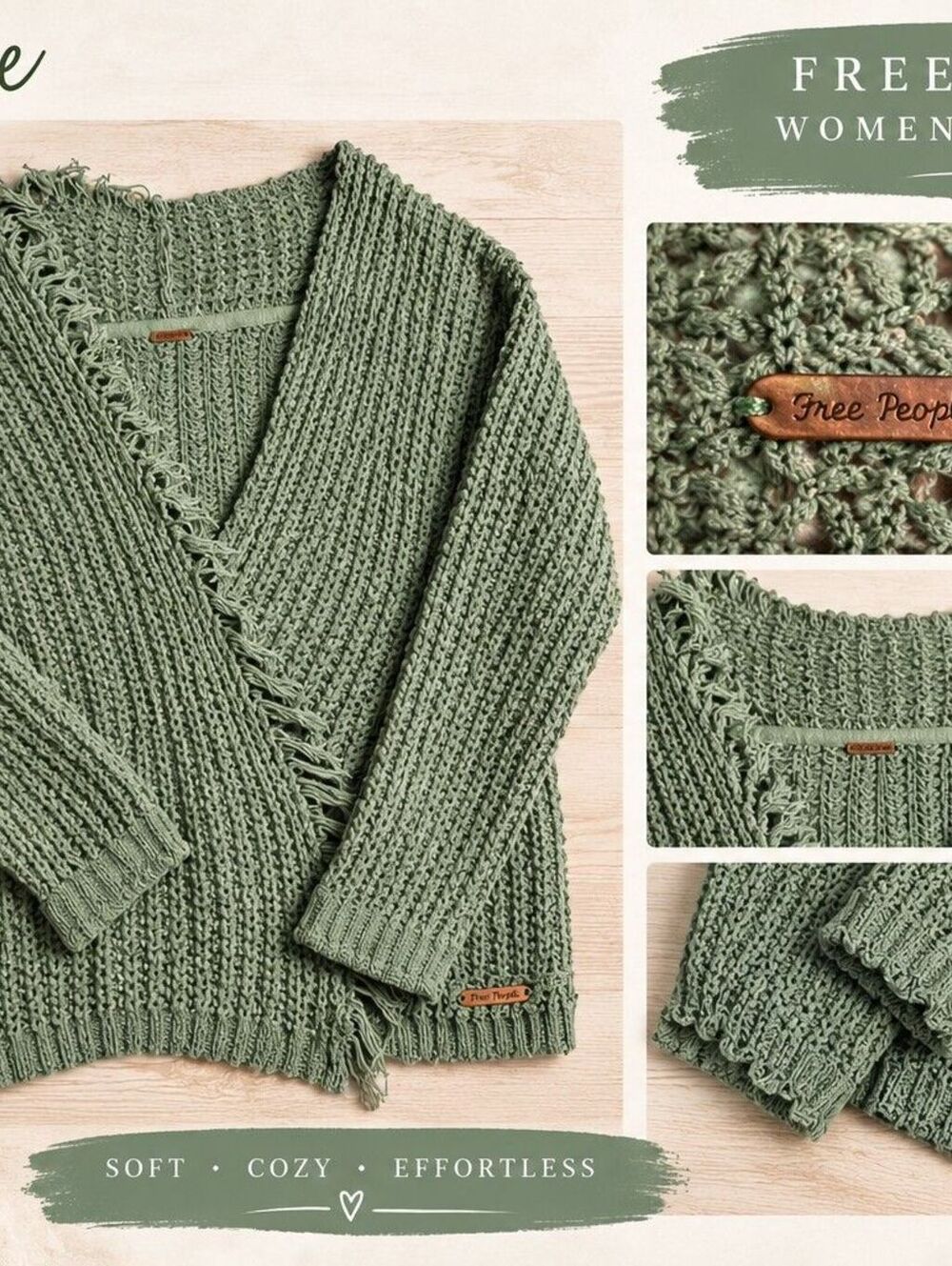 Free People Women's Green Boho Style Sweater Cardigan
